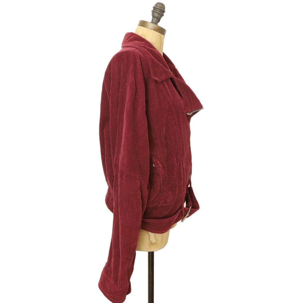 Free People Slouchy Dolman Moto Jacket Size M Zip Belt Burgundy Red B72 - Picture 3 of 9